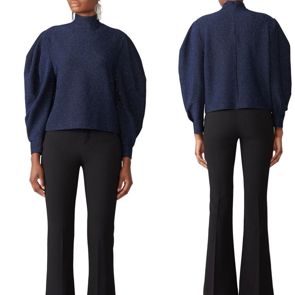 PatBo Super Sleeve Shimmery Blue Lurex Top Size Small Puff Sleeve Holiday